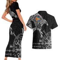 Aland Viking Ravens Couples Matching Short Sleeve Bodycon Dress and Hawaiian Shirt Vegvisir Runes Pattern - Wonder Print Shop