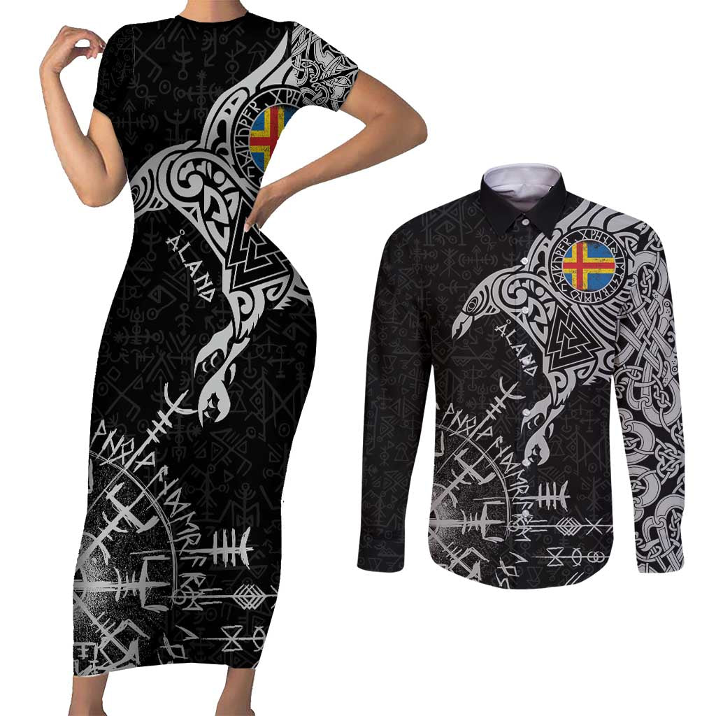 Aland Viking Ravens Couples Matching Short Sleeve Bodycon Dress and Long Sleeve Button Shirt Vegvisir Runes Pattern - Wonder Print Shop