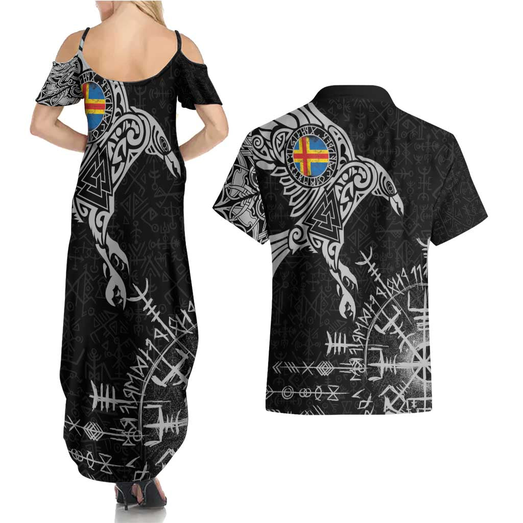 Aland Viking Ravens Couples Matching Summer Maxi Dress and Hawaiian Shirt Vegvisir Runes Pattern - Wonder Print Shop