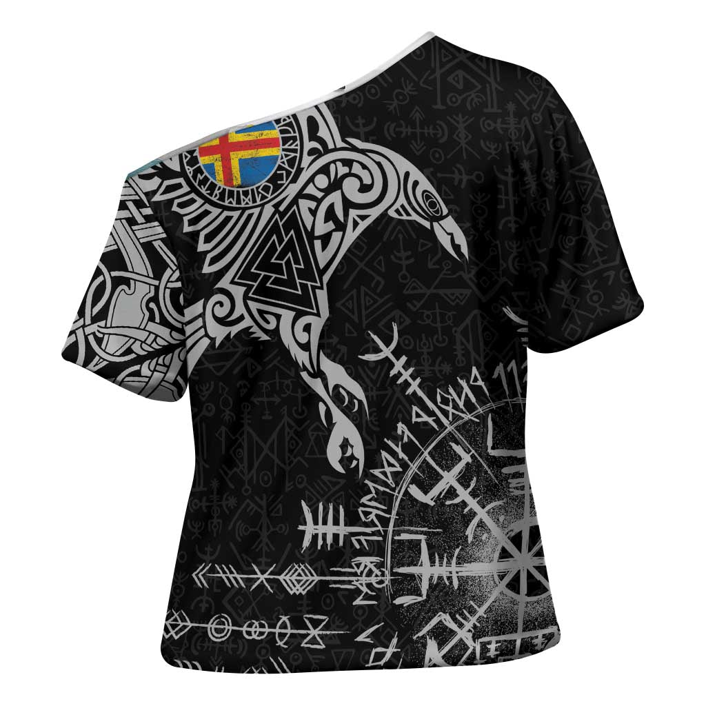 Aland Viking Ravens Cross Shoulder Shirt Vegvisir Runes Pattern - Wonder Print Shop