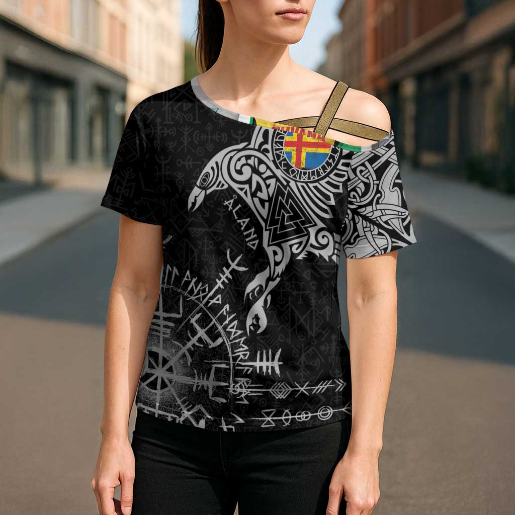 Aland Viking Ravens Cross Shoulder Shirt Vegvisir Runes Pattern - Wonder Print Shop