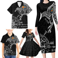 Aland Viking Ravens Family Matching Long Sleeve Bodycon Dress and Hawaiian Shirt Vegvisir Runes Pattern - Wonder Print Shop