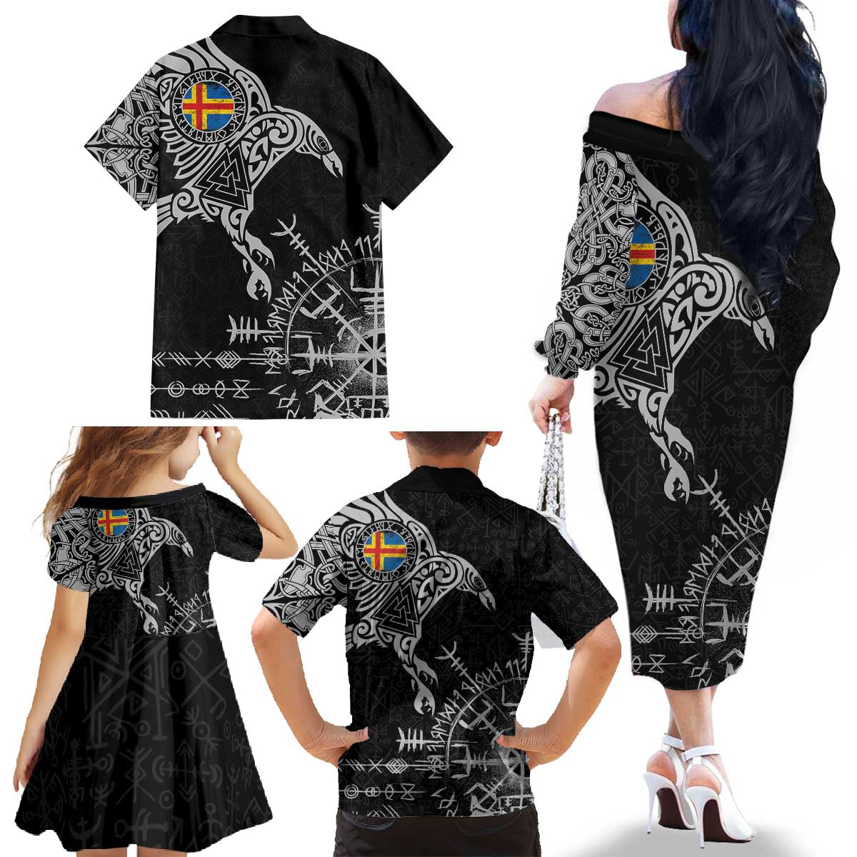 Aland Viking Ravens Family Matching Off The Shoulder Long Sleeve Dress and Hawaiian Shirt Vegvisir Runes Pattern - Wonder Print Shop