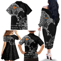 Aland Viking Ravens Family Matching Off The Shoulder Long Sleeve Dress and Hawaiian Shirt Vegvisir Runes Pattern - Wonder Print Shop