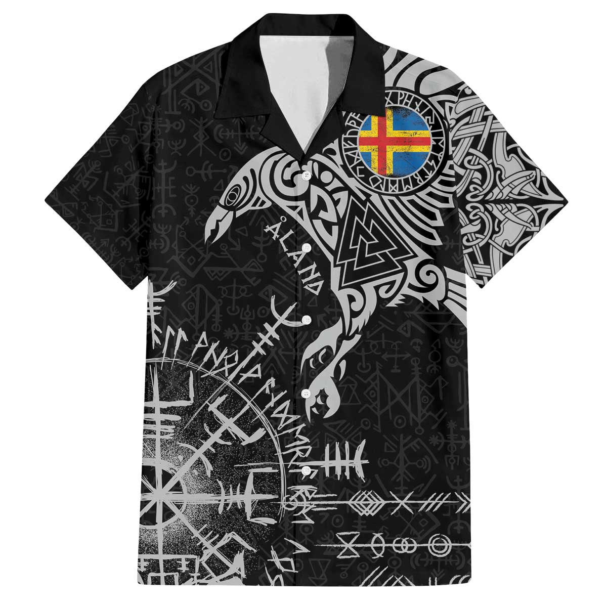 Aland Viking Ravens Family Matching Off The Shoulder Long Sleeve Dress and Hawaiian Shirt Vegvisir Runes Pattern - Wonder Print Shop