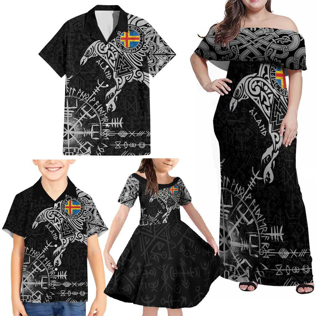 Aland Viking Ravens Family Matching Off Shoulder Maxi Dress and Hawaiian Shirt Vegvisir Runes Pattern - Wonder Print Shop