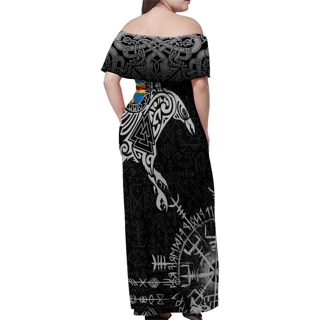 Aland Viking Ravens Family Matching Off Shoulder Maxi Dress and Hawaiian Shirt Vegvisir Runes Pattern - Wonder Print Shop
