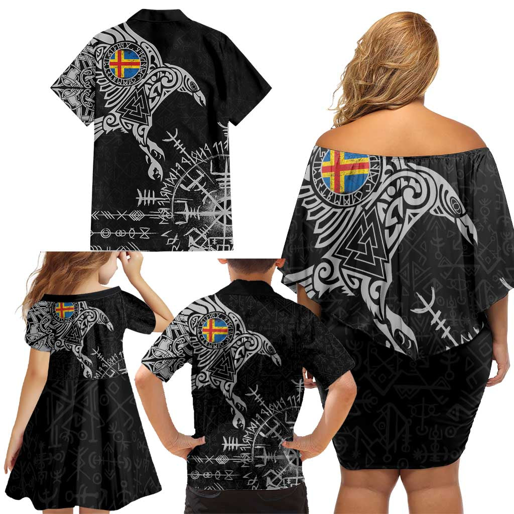 Aland Viking Ravens Family Matching Off Shoulder Short Dress and Hawaiian Shirt Vegvisir Runes Pattern - Wonder Print Shop