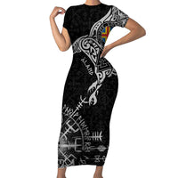 Aland Viking Ravens Family Matching Short Sleeve Bodycon Dress and Hawaiian Shirt Vegvisir Runes Pattern - Wonder Print Shop