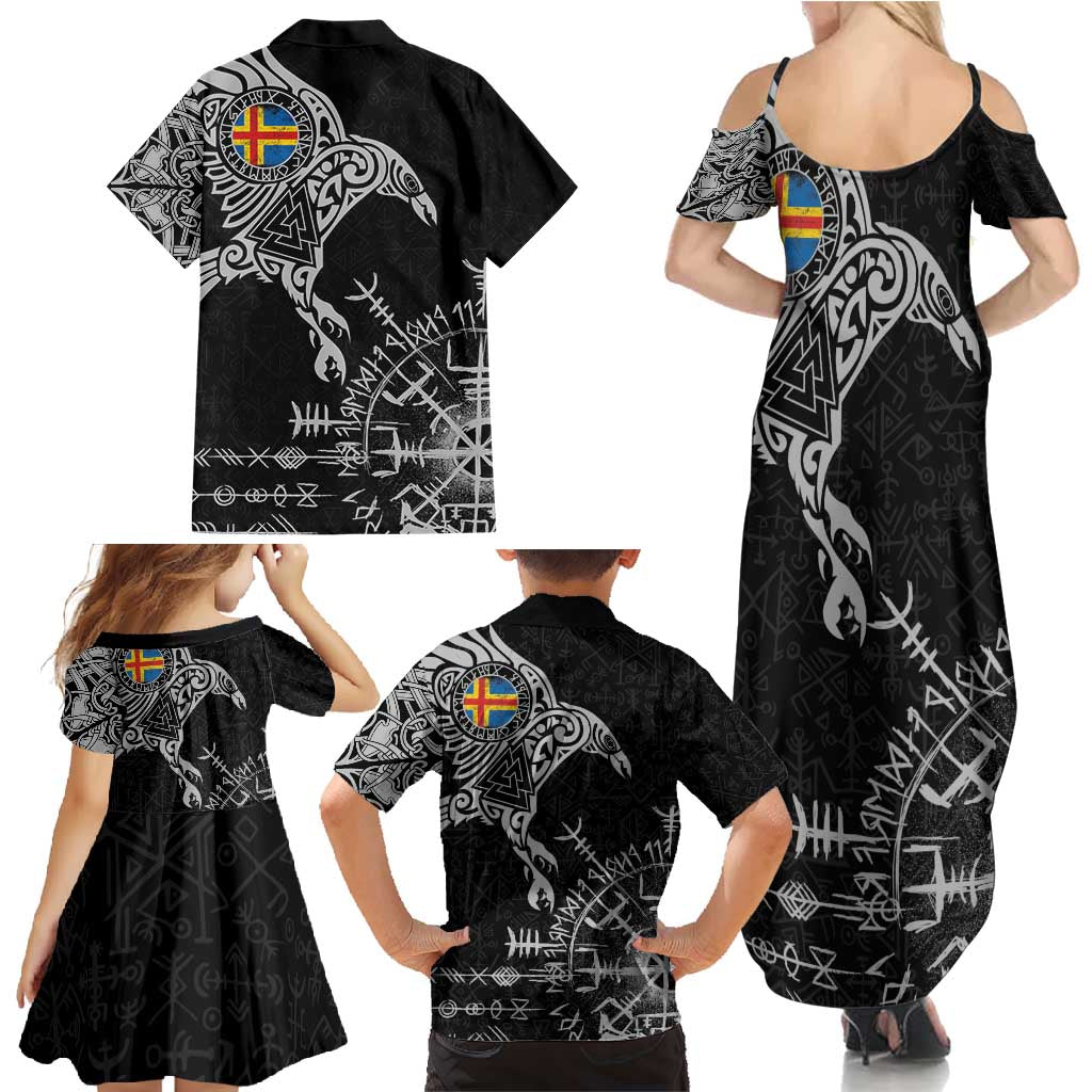 Aland Viking Ravens Family Matching Summer Maxi Dress and Hawaiian Shirt Vegvisir Runes Pattern - Wonder Print Shop
