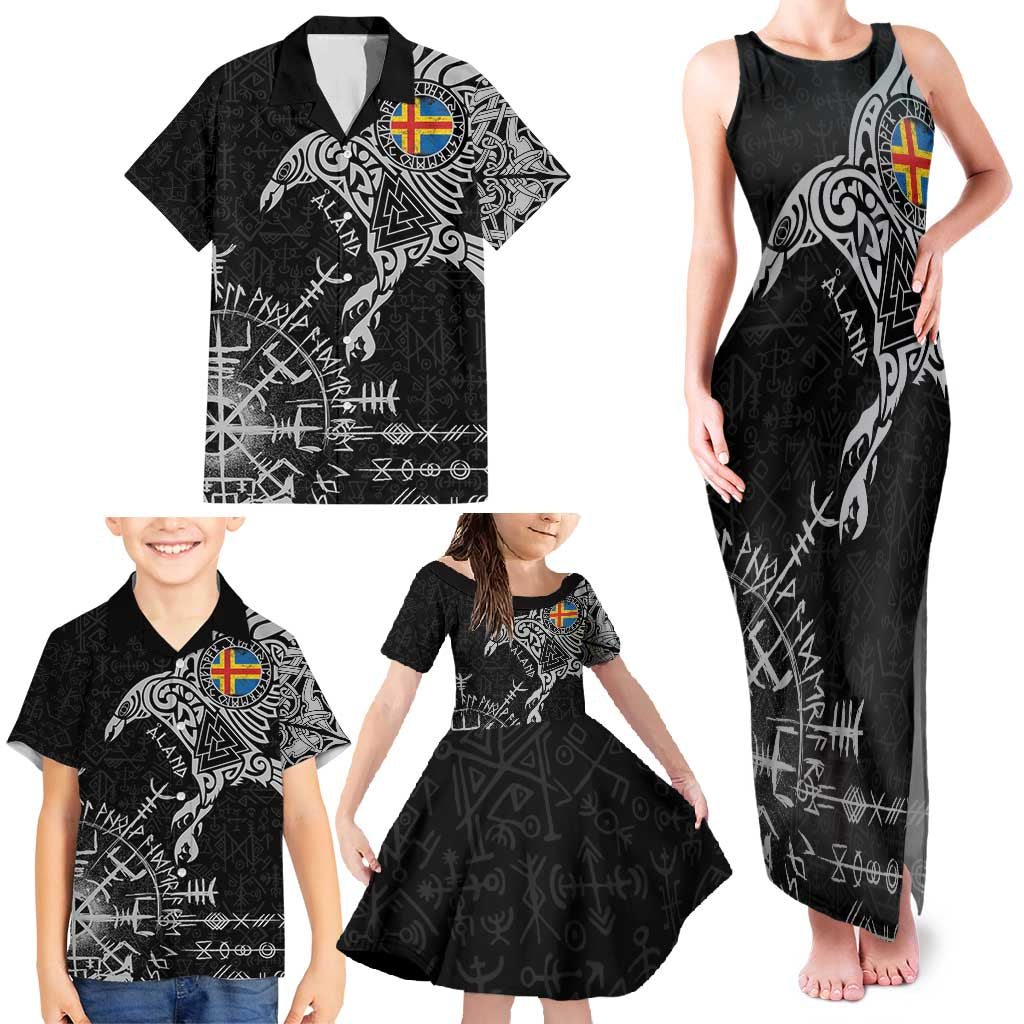Aland Viking Ravens Family Matching Tank Maxi Dress and Hawaiian Shirt Vegvisir Runes Pattern - Wonder Print Shop