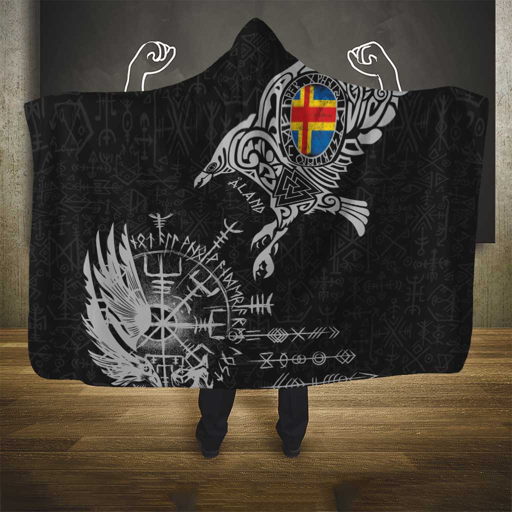 Aland Viking Ravens Hooded Blanket Vegvisir Runes Pattern - Wonder Print Shop