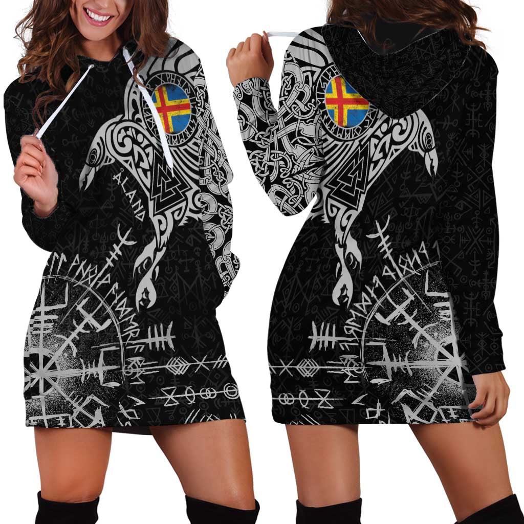 Aland Viking Ravens Hoodie Dress Vegvisir Runes Pattern - Wonder Print Shop