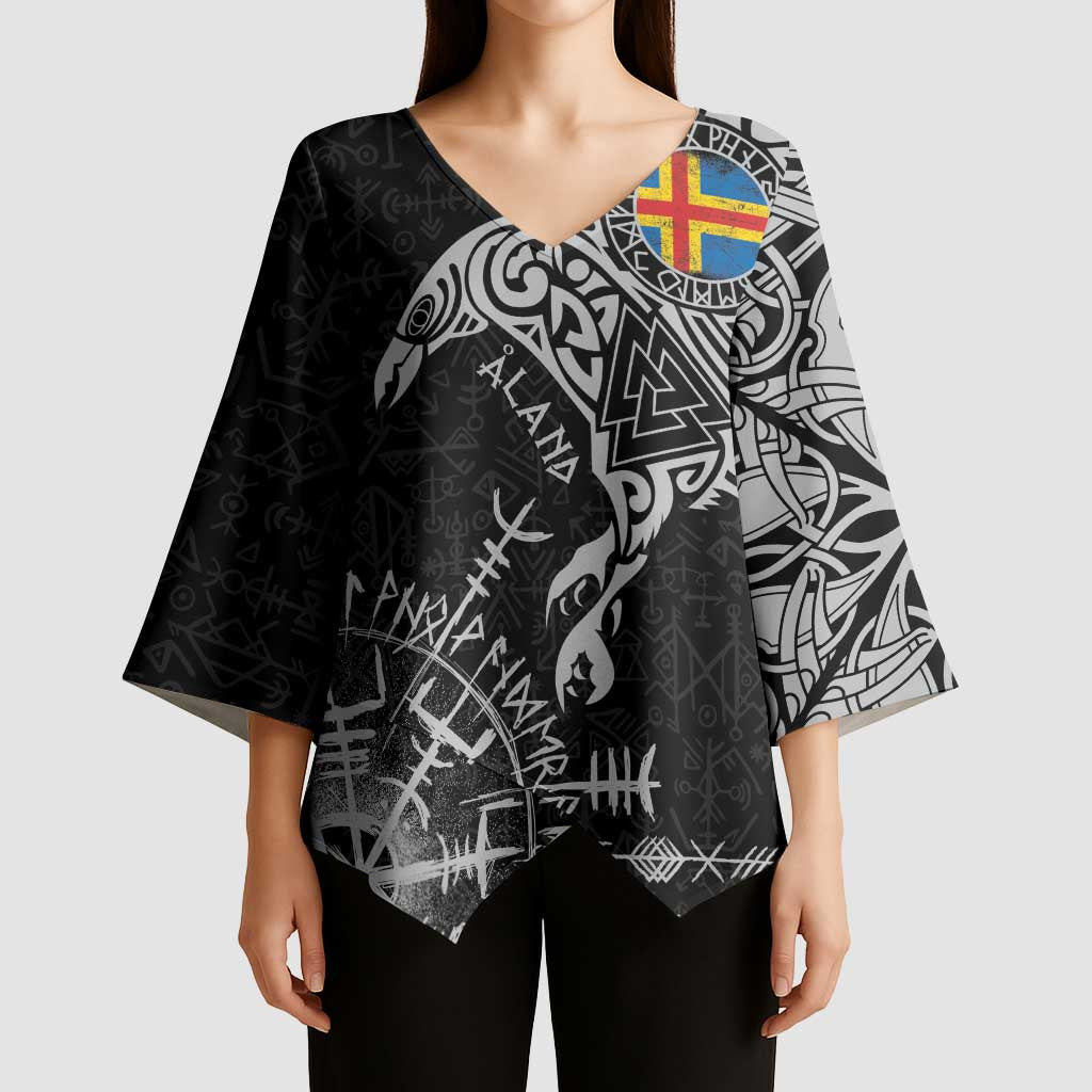Aland Viking Ravens Kimono Sleeve Blouse Vegvisir Runes Pattern - Wonder Print Shop