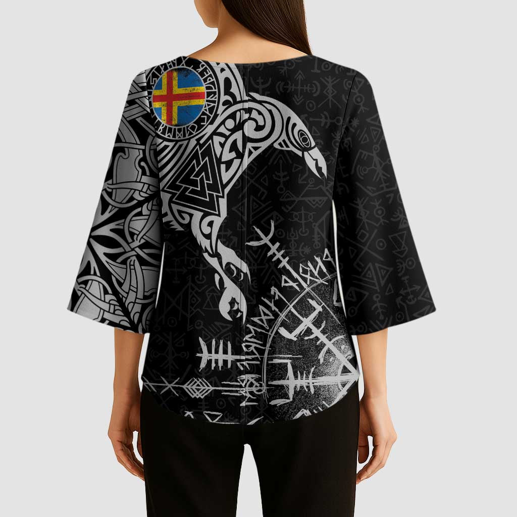 Aland Viking Ravens Kimono Sleeve Blouse Vegvisir Runes Pattern - Wonder Print Shop