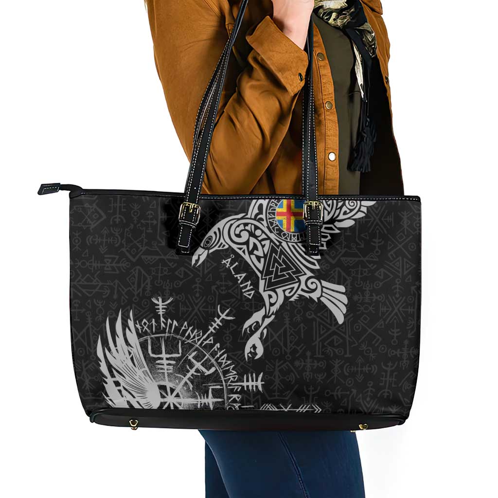 Aland Viking Ravens Leather Tote Bag Vegvisir Runes Pattern - Wonder Print Shop