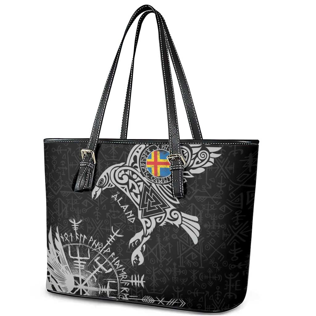 Aland Viking Ravens Leather Tote Bag Vegvisir Runes Pattern - Wonder Print Shop