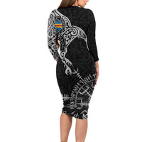 Aland Viking Ravens Long Sleeve Bodycon Dress Vegvisir Runes Pattern - Wonder Print Shop