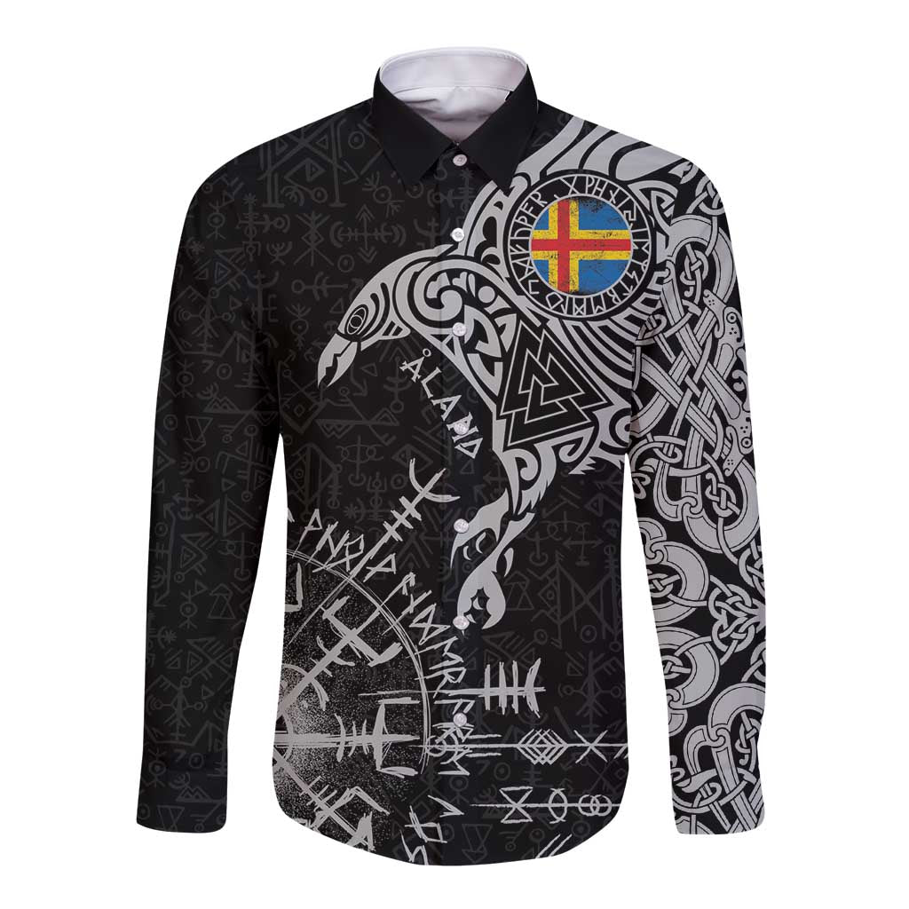 Aland Viking Ravens Long Sleeve Button Shirt Vegvisir Runes Pattern - Wonder Print Shop