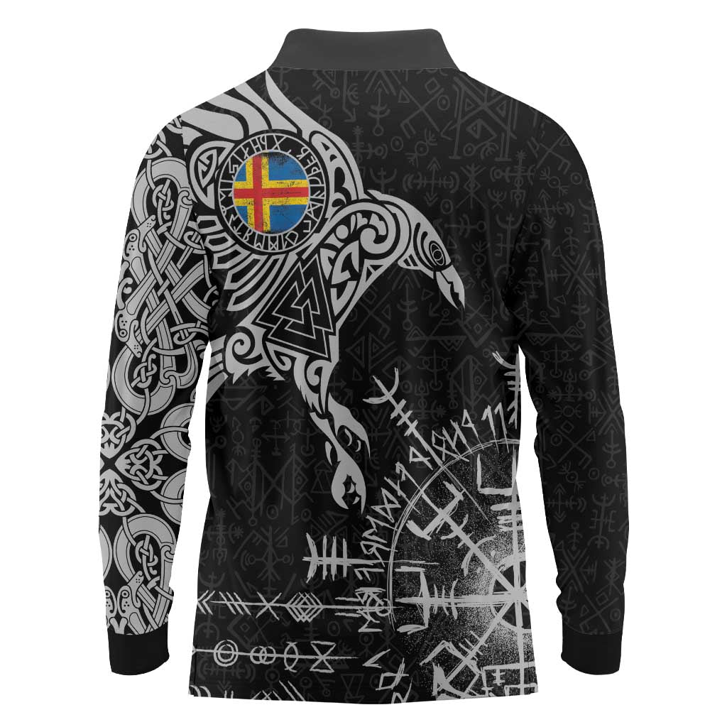 Aland Viking Ravens Long Sleeve Polo Shirt Vegvisir Runes Pattern - Wonder Print Shop
