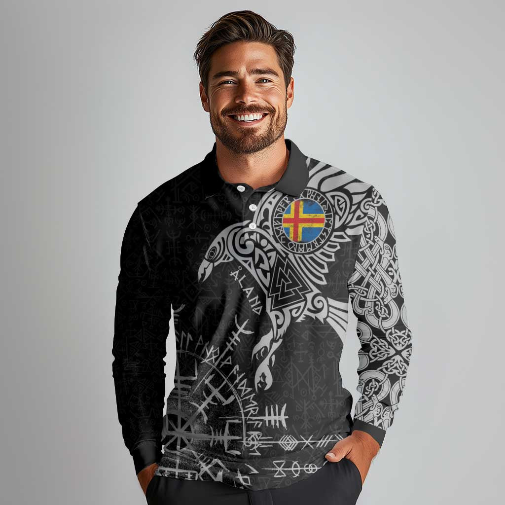 Aland Viking Ravens Long Sleeve Polo Shirt Vegvisir Runes Pattern - Wonder Print Shop