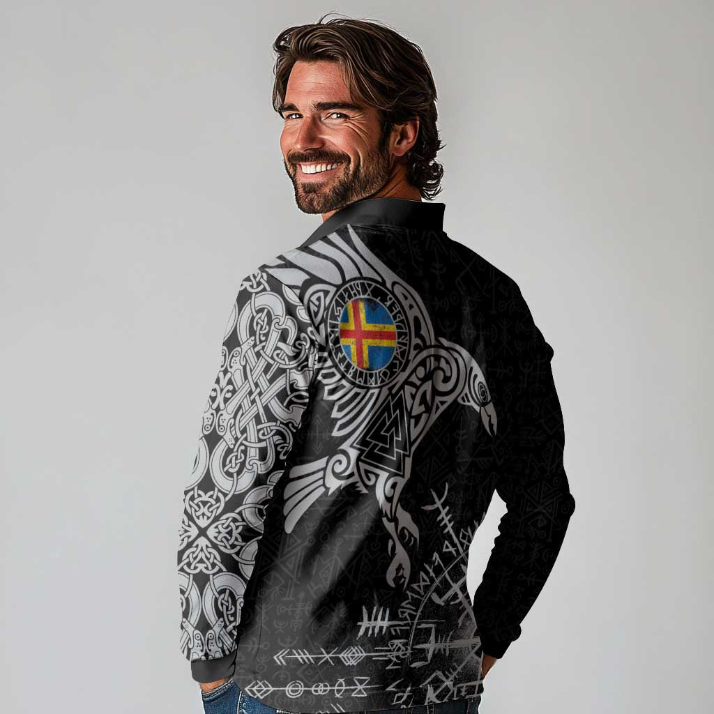 Aland Viking Ravens Long Sleeve Polo Shirt Vegvisir Runes Pattern - Wonder Print Shop