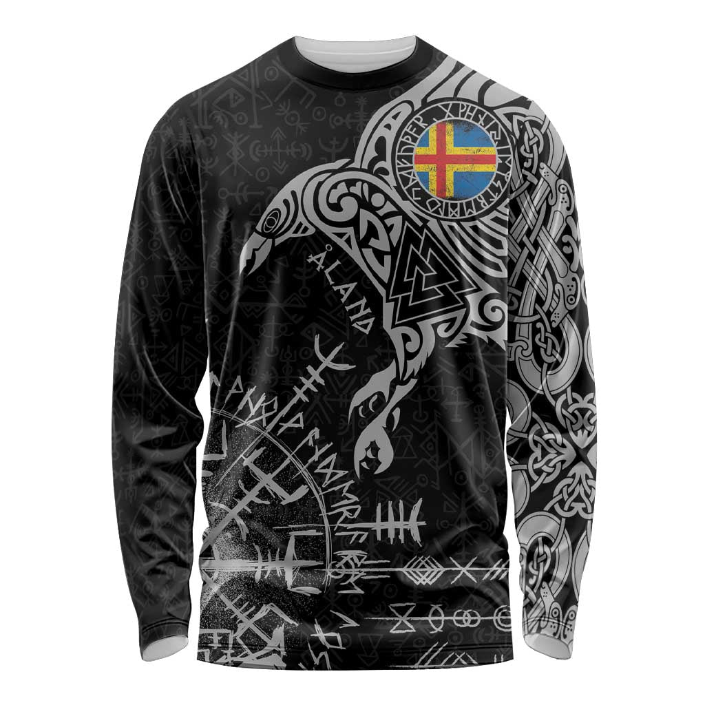 Aland Viking Ravens Long Sleeve Shirt Vegvisir Runes Pattern - Wonder Print Shop