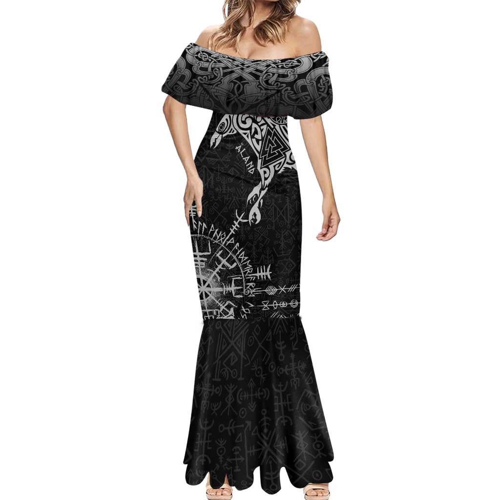 Aland Viking Ravens Mermaid Dress Vegvisir Runes Pattern - Wonder Print Shop