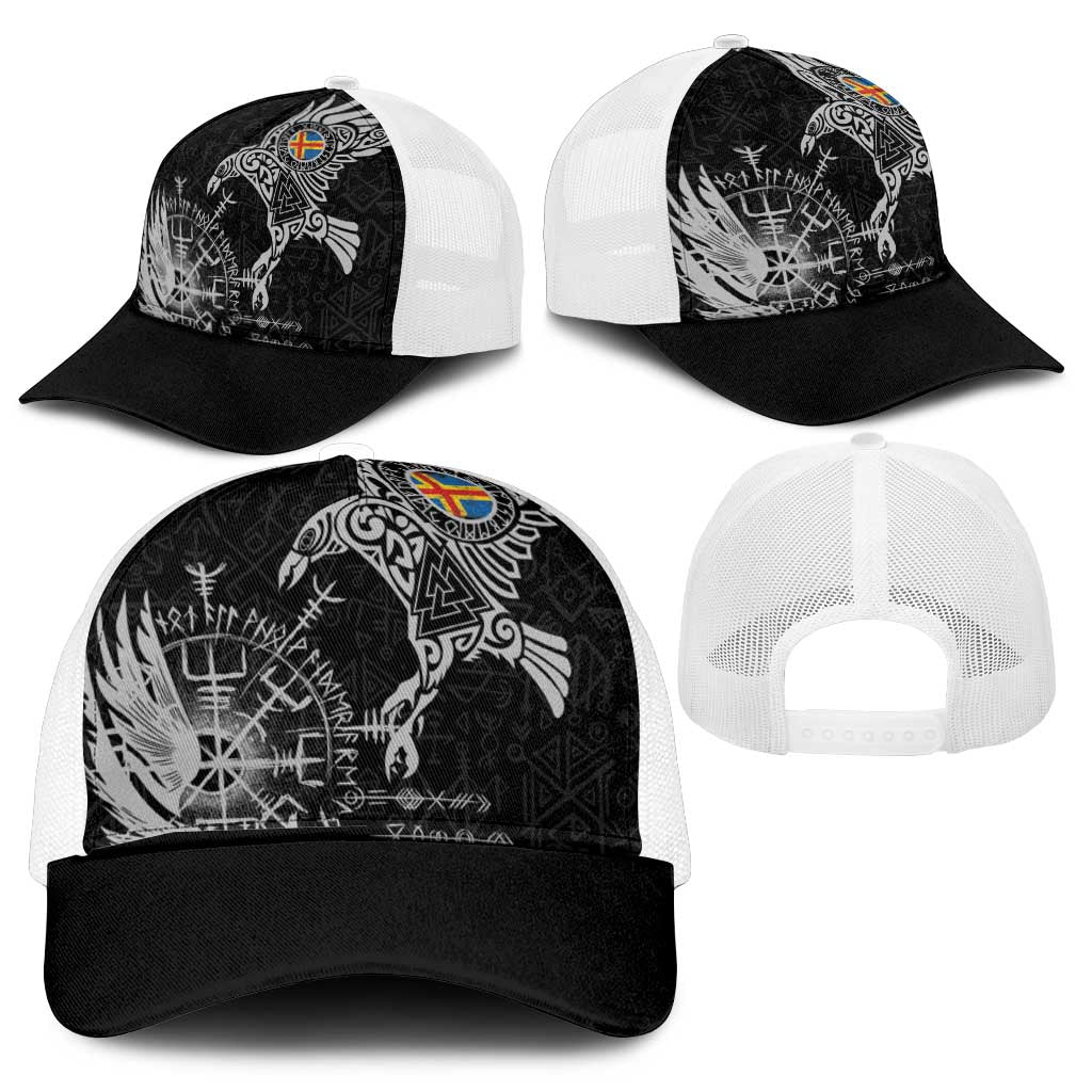 Aland Viking Ravens Mesh Trucker Cap Vegvisir Runes Pattern - Wonder Print Shop