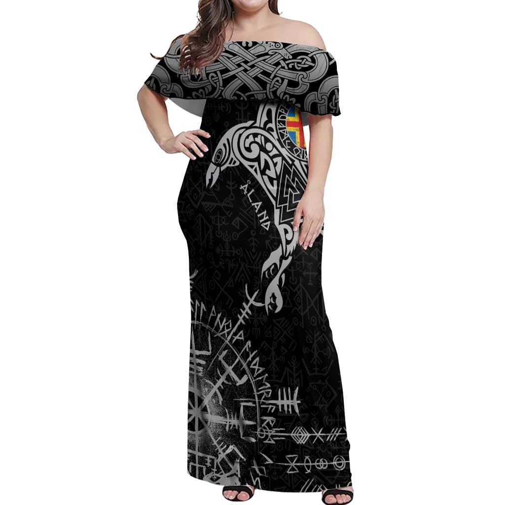 Aland Viking Ravens Off Shoulder Maxi Dress Vegvisir Runes Pattern - Wonder Print Shop