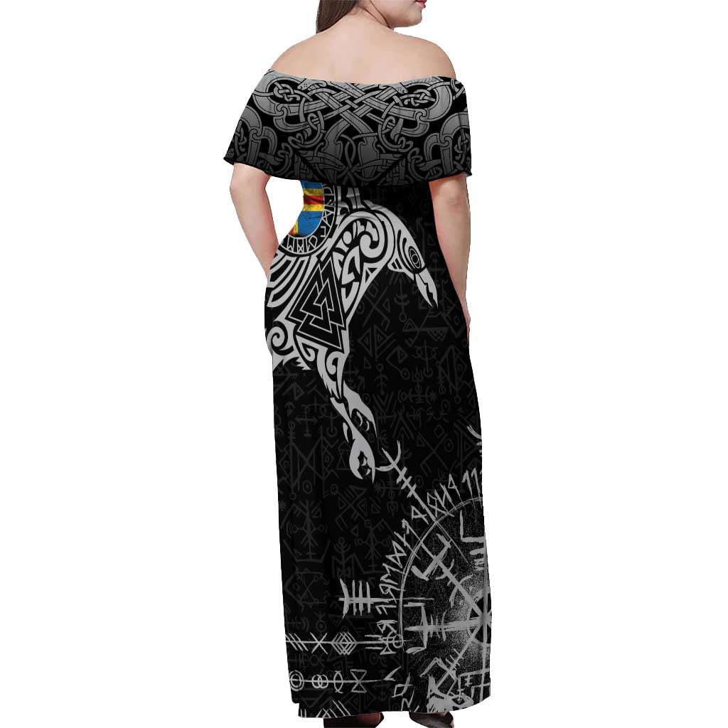Aland Viking Ravens Off Shoulder Maxi Dress Vegvisir Runes Pattern - Wonder Print Shop