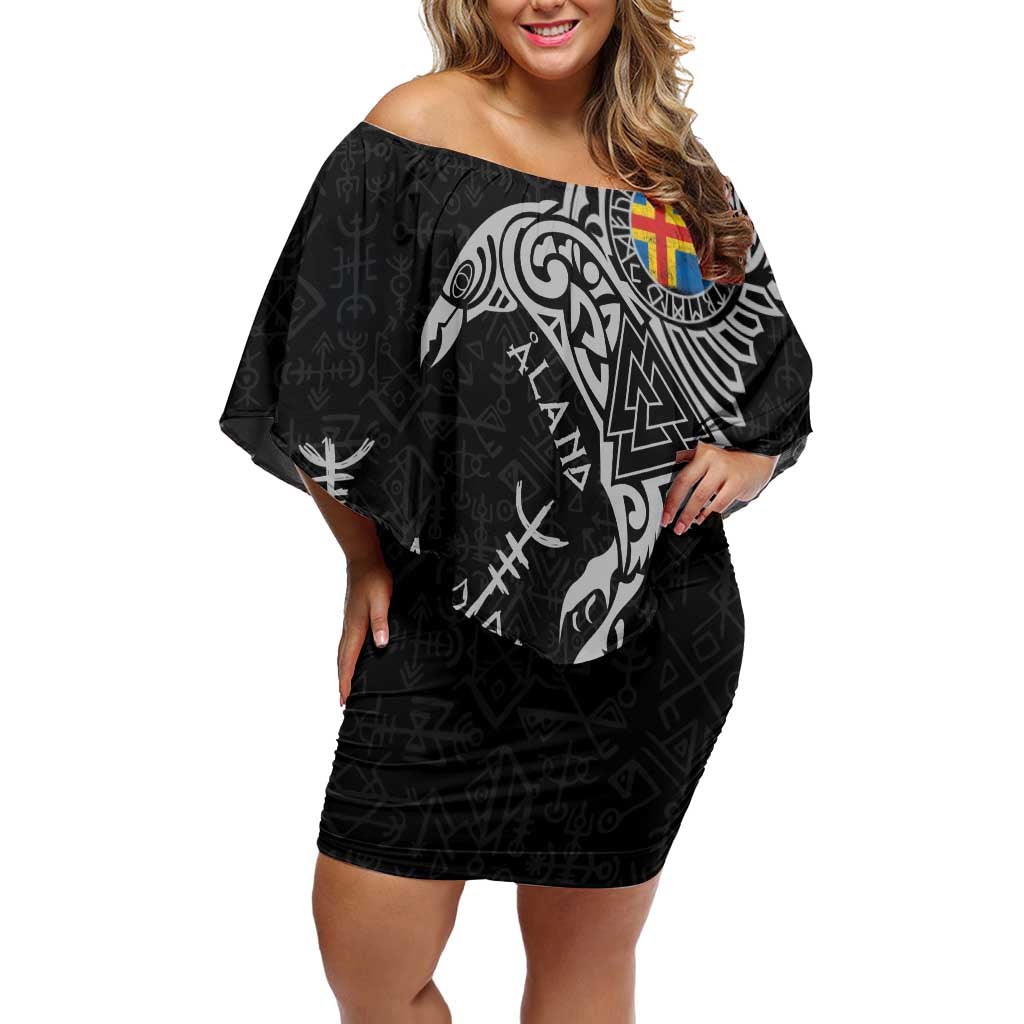 Aland Viking Ravens Off Shoulder Short Dress Vegvisir Runes Pattern - Wonder Print Shop