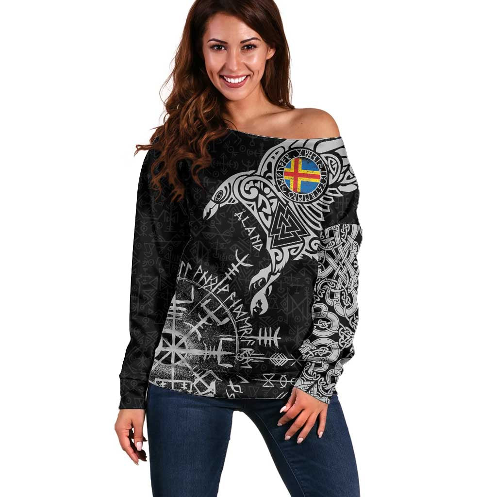 Aland Viking Ravens Off Shoulder Sweater Vegvisir Runes Pattern - Wonder Print Shop