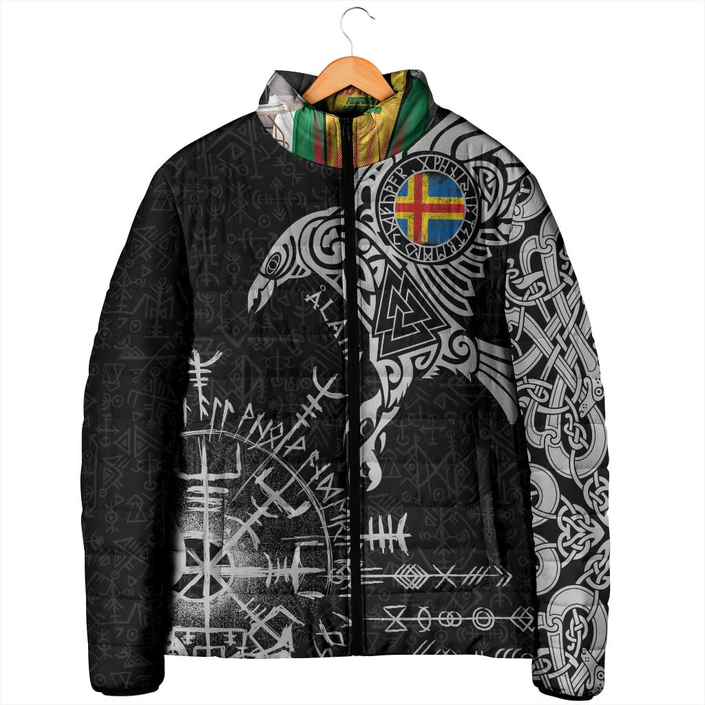Aland Viking Ravens Padded Jacket Vegvisir Runes Pattern - Wonder Print Shop