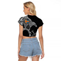 Aland Viking Ravens Raglan Cropped T Shirt Vegvisir Runes Pattern - Wonder Print Shop