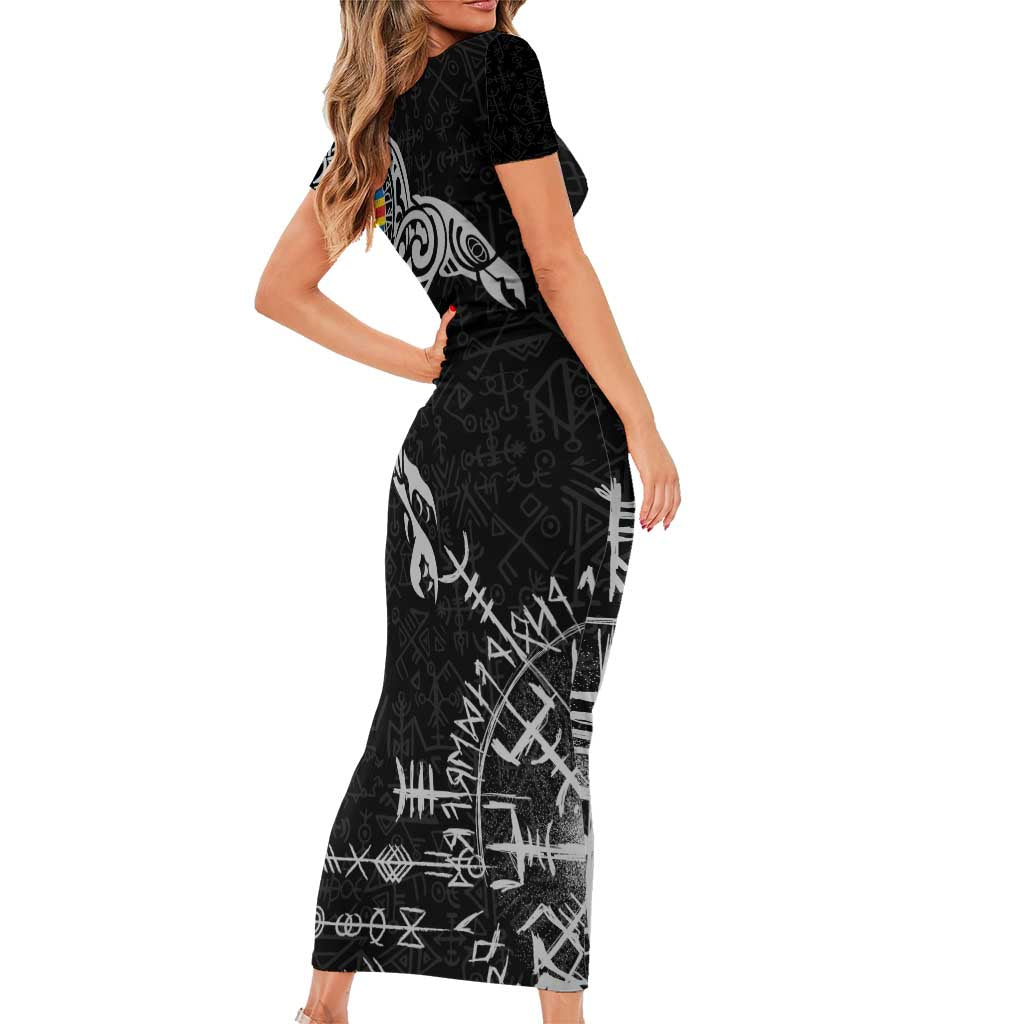 Aland Viking Ravens Short Sleeve Bodycon Dress Vegvisir Runes Pattern - Wonder Print Shop