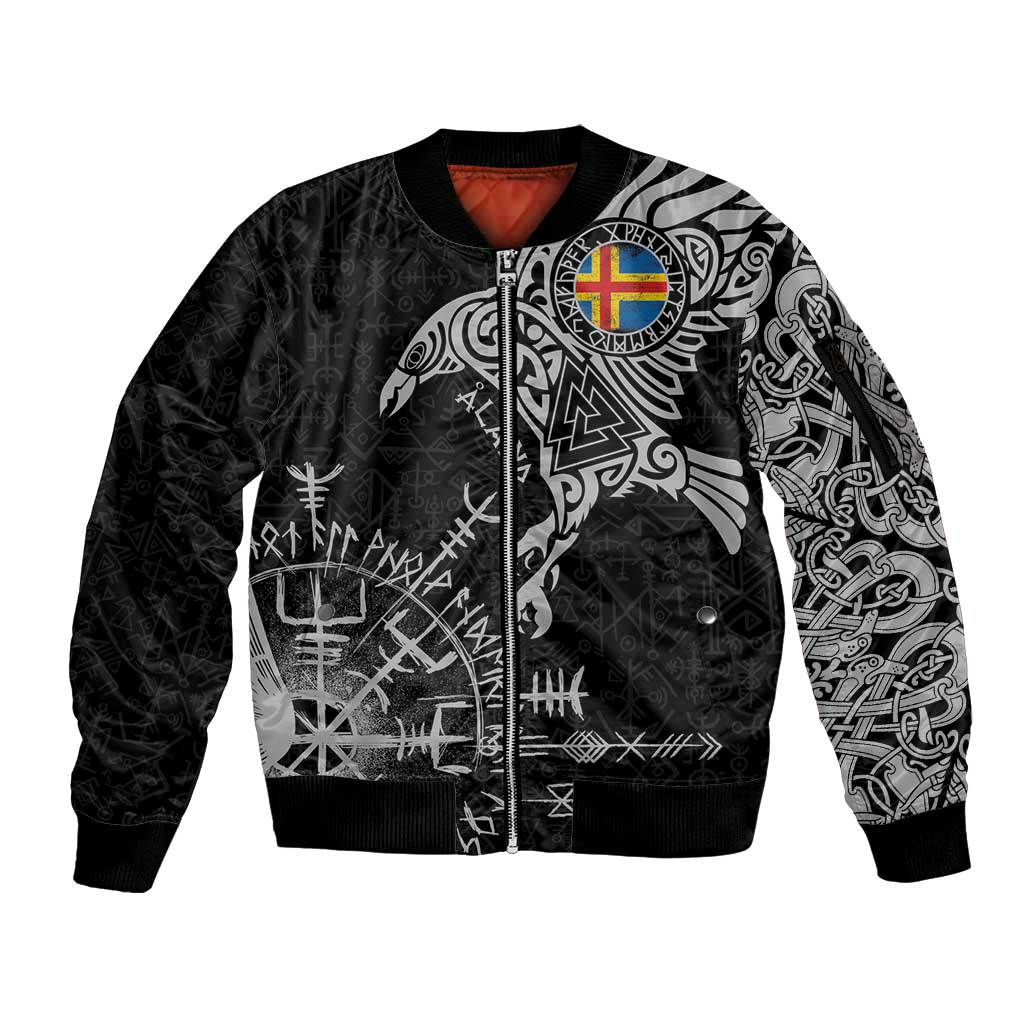 Aland Viking Ravens Sleeve Zip Bomber Jacket Vegvisir Runes Pattern - Wonder Print Shop