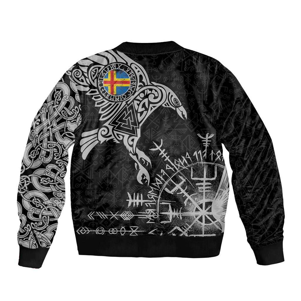 Aland Viking Ravens Sleeve Zip Bomber Jacket Vegvisir Runes Pattern - Wonder Print Shop