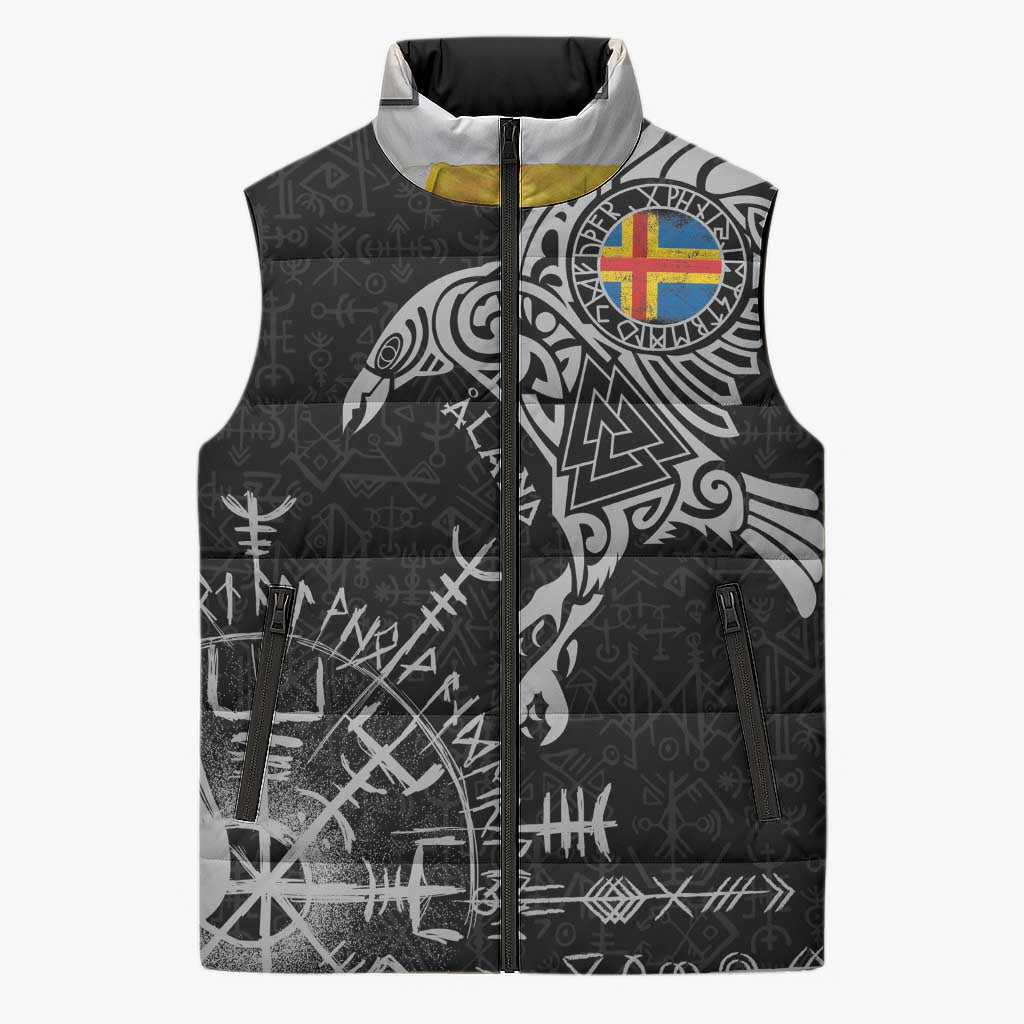 Aland Viking Ravens Sleeveless Puffer Jacket Vegvisir Runes Pattern - Wonder Print Shop
