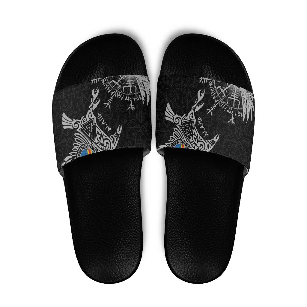 Aland Viking Ravens Slide Sandals Vegvisir Runes Pattern - Wonder Print Shop