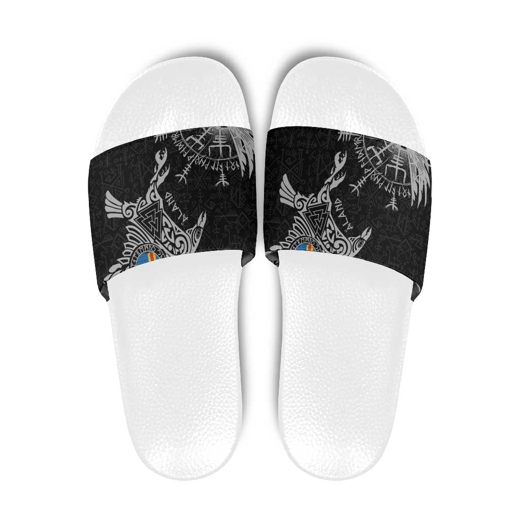 Aland Viking Ravens Slide Sandals Vegvisir Runes Pattern - Wonder Print Shop