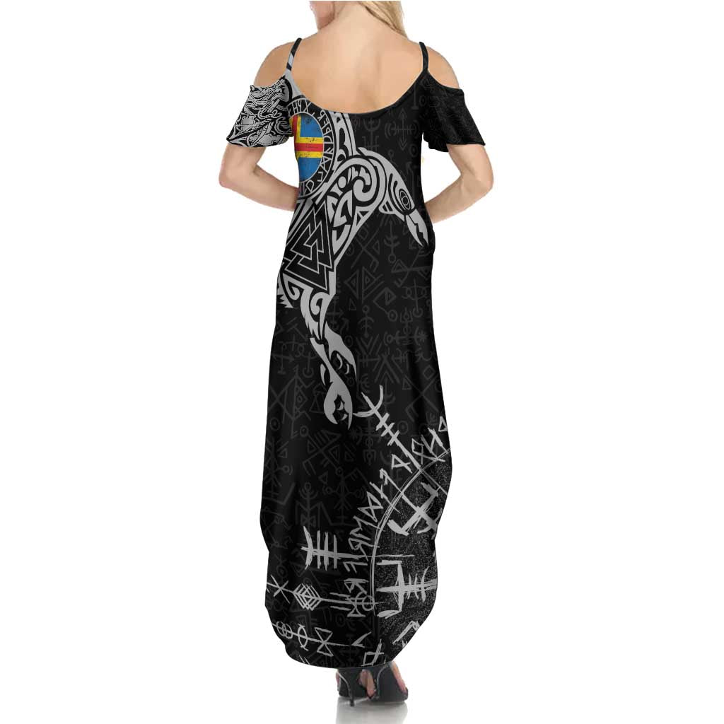 Aland Viking Ravens Summer Maxi Dress Vegvisir Runes Pattern - Wonder Print Shop