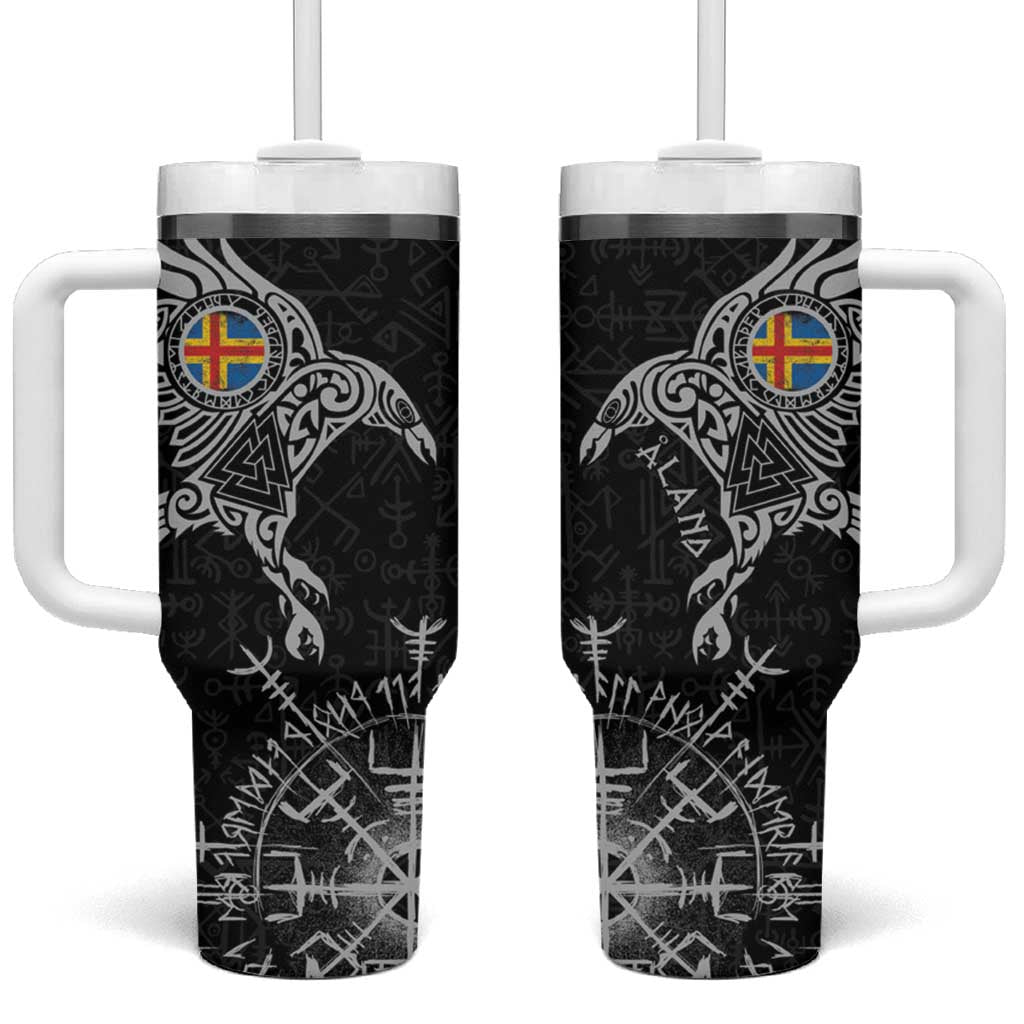 Aland Viking Ravens Tumbler With Handle Vegvisir Runes Pattern - Wonder Print Shop