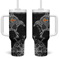Aland Viking Ravens Tumbler With Handle Vegvisir Runes Pattern - Wonder Print Shop