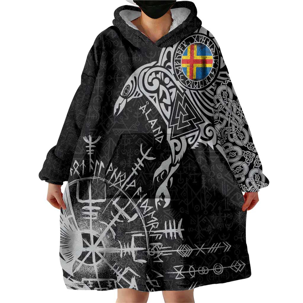 Aland Viking Ravens Wearable Blanket Hoodie Vegvisir Runes Pattern - Wonder Print Shop