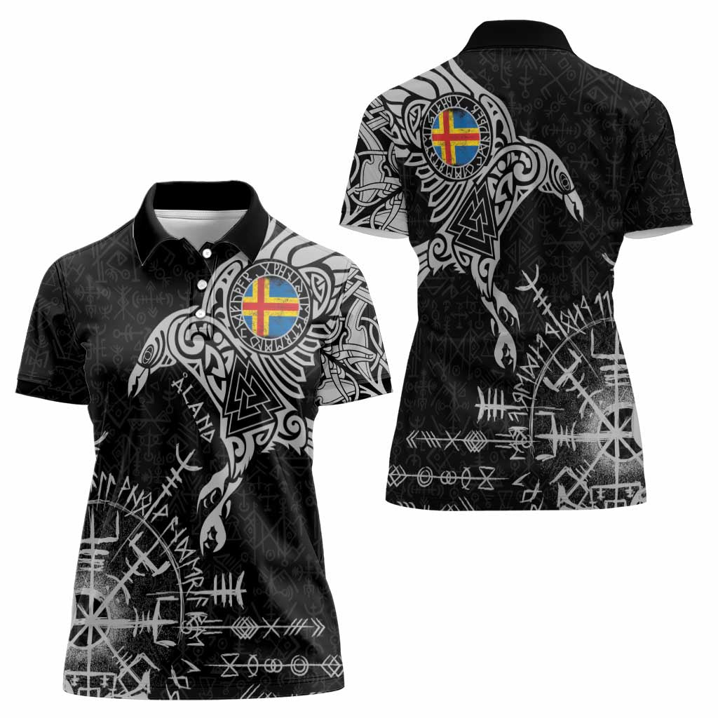 Aland Viking Ravens Women Polo Shirt Vegvisir Runes Pattern - Wonder Print Shop