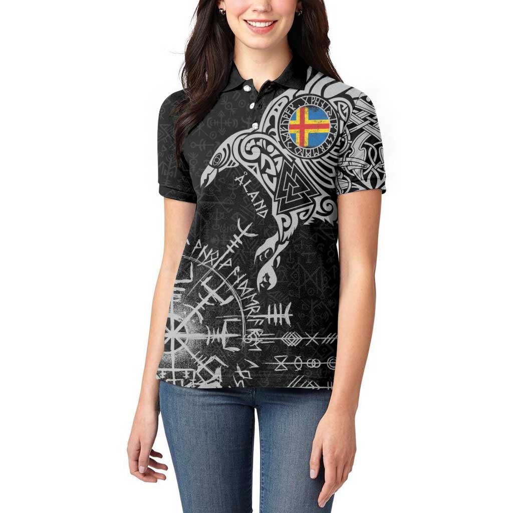 Aland Viking Ravens Women Polo Shirt Vegvisir Runes Pattern - Wonder Print Shop