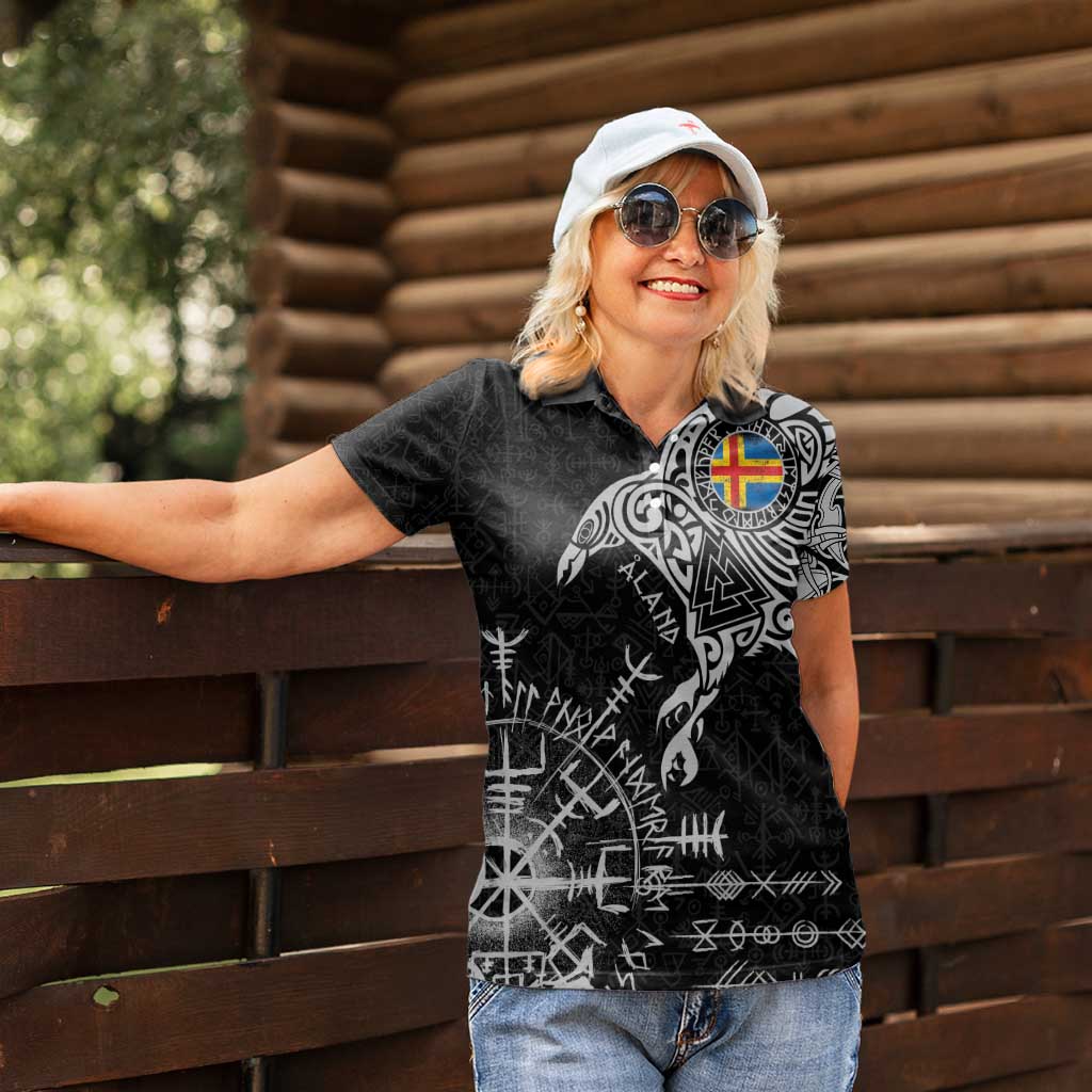 Aland Viking Ravens Women Polo Shirt Vegvisir Runes Pattern - Wonder Print Shop