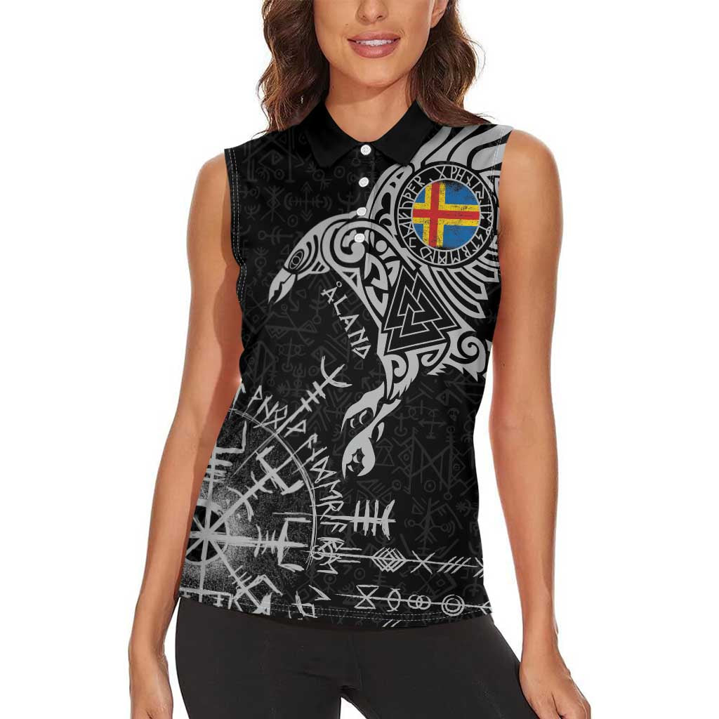 Aland Viking Ravens Women Sleeveless Polo Shirt Vegvisir Runes Pattern - Wonder Print Shop