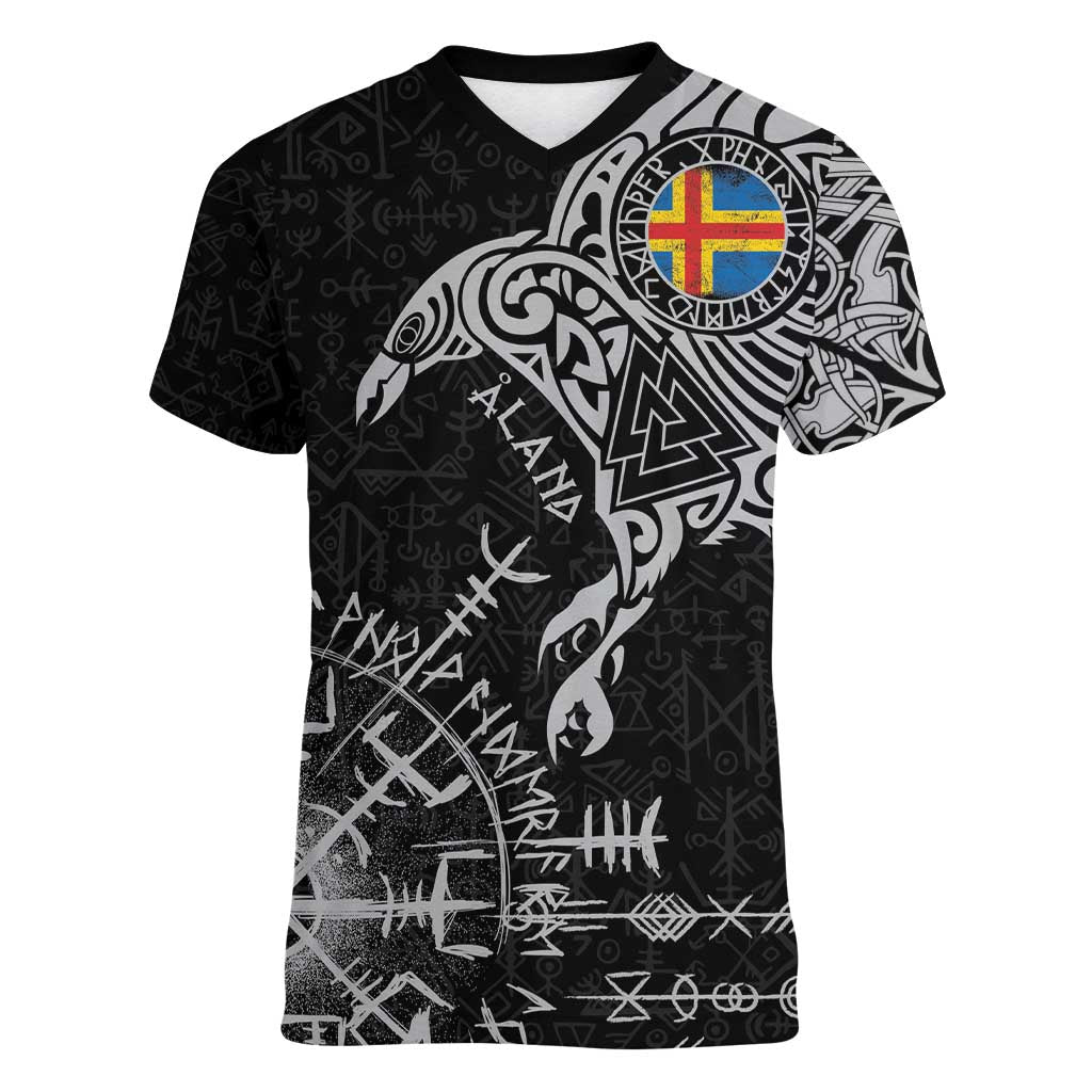 Aland Viking Ravens Women V-Neck T-Shirt Vegvisir Runes Pattern - Wonder Print Shop